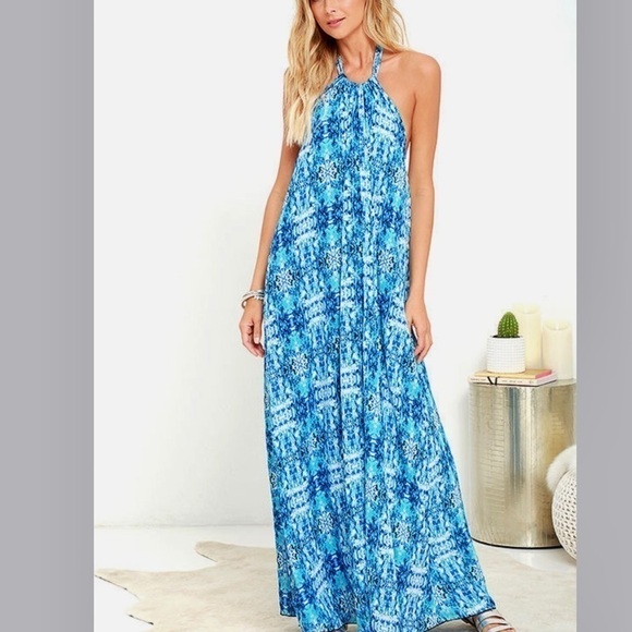 Lulus Dresses & Skirts - LULU’S Baja Moment Blue open back Halter Maxi Dress Boho beach Tropical size XS